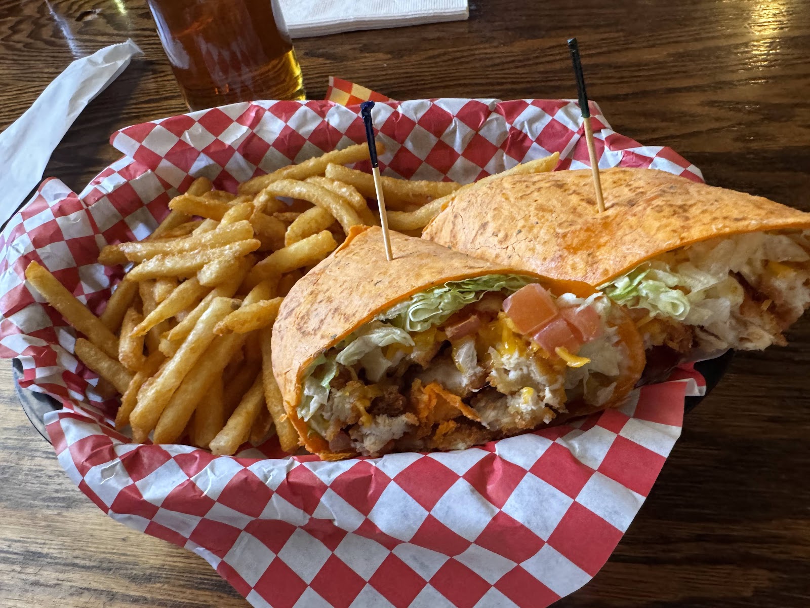 Sandwich and fries photographed at Crystal Palace Saloon